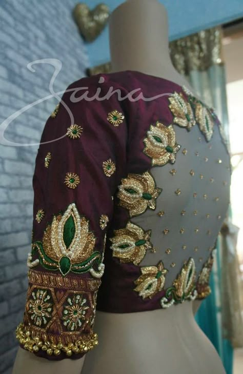 Lotus Cutwork Blouse, Lotus Embroidery Blouse Designs, Lotus Work Blouse Designs, Lotus Blouse Design Work, Lotus Embroidery Design Blouse, Lotus Blouse Design, Lotus Design Aari Work Blouse, Wedding Blouses, Maggam Designs