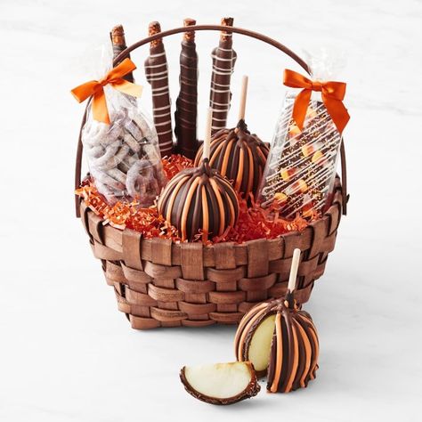 Apple Gift Basket, Chocolate Caramel Pretzels Rods, Caramel Pretzels Rods, Caramel Apple Gifts, Caramel Apples Halloween, Halloween Bark, Chocolate Caramel Apples, White Chocolate Pretzels, Chocolate Caramel Pretzels