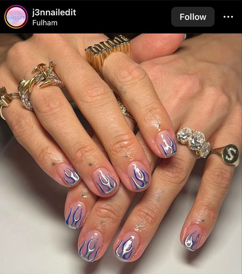 Blue Flame Nails Short, Short Square Flame Nails, Short Nails Flames, Blue Flames Nails, Short Flame Nails, Molten Metal Nails, Abstract Gel Nails, Guys Nail Designs, Lesbian Nails