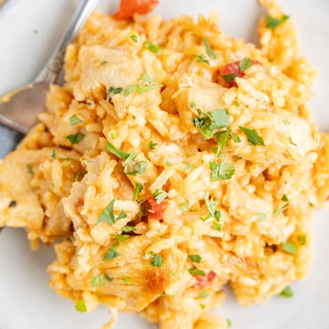 A plate of a serving of this recipe with a fork. Queso Chicken And Rice, Queso Chicken, White Queso, Chicken Pineapple, Flavorful Dinner, Easy Chicken And Rice, Fast Dinner, Nacho Cheese Sauce, Fast Dinner Recipes