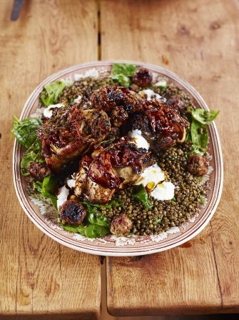 Bacon-wrapped roast partridge, pork stuffing & lentils | Jamie Oliver Partridge Recipes, Bacon Wrapped Roast, Partridge Recipe, Pork Stuffing, Lentils Nutrition, Homemade Fish And Chips, Healthy Main Meals, Game Recipes, Jamie Oliver Recipes