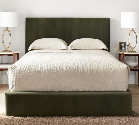 Raleigh Square Upholstered Low Platform Bed without Nailheads, Queen, Park Weave Ash | Pottery Barn Master Bed Frames, No Footboard Beds, California King Bed Frames, Guys Apartment Bedroom, Low Frame Bed, King Bedframe Ideas, Navy Bed Frame, Bedroom Beds & Frames, Taupe Upholstered Bed