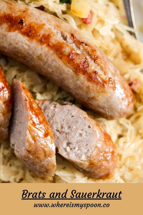 German-style brats with sauerkraut, traditional comfort food as its best.Only two main ingredients, but so much pleasure! Bratwurst Recipes Crockpot, Brats With Sauerkraut, Brats And Sauerkraut, German Bratwurst, Brats Recipes, Sausage Sauerkraut, Bratwurst Recipes, German Food Authentic, Bratwurst Sausage