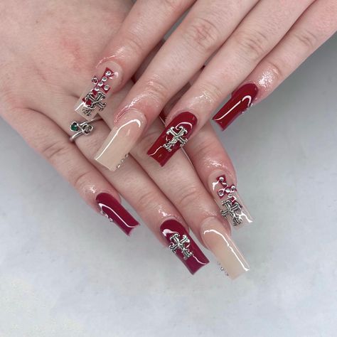 dark red and nude square acrylic nails with cross Red Nails With Cross, Nude Square Acrylic Nails, Nails With Cross, Cross Nails, Dark Nails, Hair Nails, Square Acrylic Nails, Coffin Nails Designs, Nails Designs