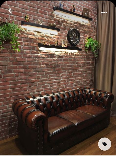 Industrial Wall Ideas, Barber Shop Design Interior, Industrial Salon Design, Industrial Salon Decor, Brick Wall Interior Design, Sofa Industrial, Barbershop Design Interior, Brick Wall Decor, Brick Living Room