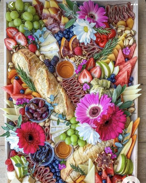 Retro Charcuterie Board, Charcuterie Board Colorful, Flowers On Charcuterie Board, Bright Charcuterie Board, Floral Cheese Board, Charcuterie Board Floral, Two Groovy Charcuterie Board, Fairy Themed Charcuterie Board, Fairy Garden Charcuterie Board