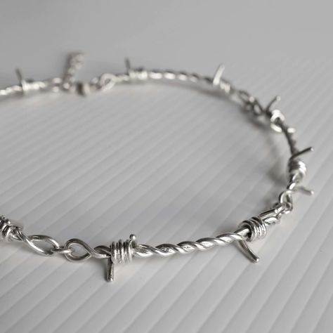 Barbed Wire Choker in Sterling Silver – Futaba Hayashi Barbed Wire Jewelry, Jewellery Chain, Wire Choker, Barb Wire, Choker Handmade, Wire Work Jewelry, Crochet Crop, Barbed Wire, Work Jewelry