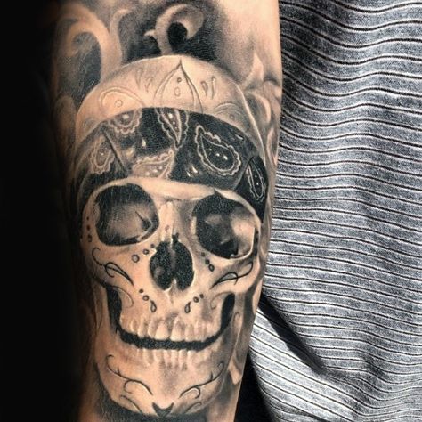 Skull Wearing Bandana Male Biker Tattoo On Arm Biker Tattoos Designs, Male Biker, Bandana Tattoo, Wearing Bandana, Biker Tattoo, Harley Tattoos, Motorcycle Tattoo, Tattoo On Arm, Nice Tattoos