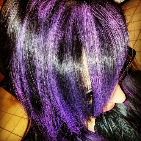 Purple Skunk Highlights, Hair Color Ideas Purple Highlights, Purple Hair With Black Highlights, Dark Purple And Black Hair, Black Hair With Purple Streaks, Purple Skunk Hair, Black Hair Purple Highlights, Purple Chunky Highlights, Purple Highlights Black Hair