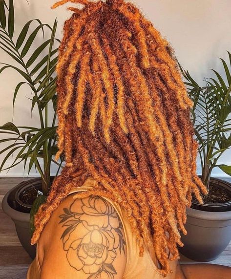 Balayage On Locs, Auburn Dreadlocks Black Women, Colored Tips Locs, Blonde And Copper Locs, Loc Fall Colors, Auburn Hair Color Locs, Sunset Color Locs, Ginger And Honey Blonde Locs Black Women, Ombre Ginger Locs