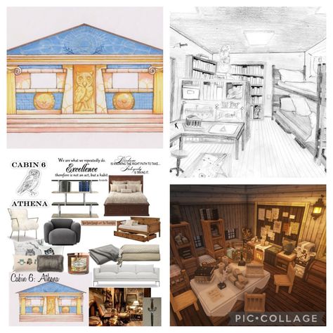 Pjo Cabins Interior Design, Athena Aesthetic Wallpaper, Percy Jackson Cabins Layout, Cabin 6 Athena, Minecraft Camp, Athena Aesthetic, Pjo Cabins, Athena Cabin, Inspo Drawing