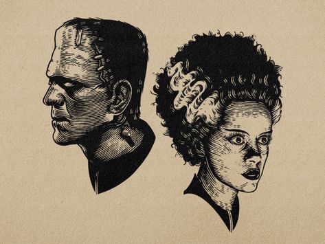 Frankenstein Sleeve Tattoo, Frankenstein Side Profile, Monster Flash Tattoo, Frankenstein Wife Tattoo, Frankenstein And His Bride Tattoo, Frankenstein Monster Tattoo, Frankenstein And Bride Drawing, Frankenstein Bride Art, Classic Horror Monsters