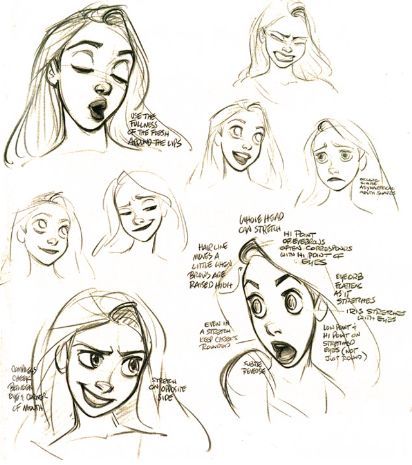 Rapunzel Facial Expressions, Rapunzel Expression Sheet, Baby Drawing Sketches, Rapunzel Sketch, Disney Style Drawing, Character Design Disney, Disney Art Style, Glen Keane, Expression Sheet