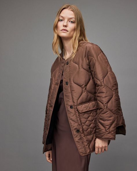 Foxi Liner Jacket Chocolate | ALLSAINTS US Quilted Long Jacket, Zara Shop, Liner Jacket, Jackets Summer, Khaki Jacket, Quilt Jacket, Line Jackets, Accessories For Men, 2024 Collection