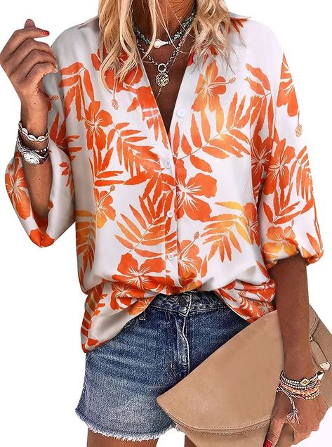 Casual Button-up Shirt With Tropical Print, Summer Tropical Print Button-up Shirt, Shirts For Women Graphic, Tropical Printed Button-up Top, Pineapple Graphic, Beach Tshirt, Orange Floral Print Button-up Tops, Printed Blouses, Pineapple Shirt