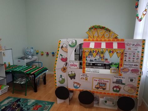 Taco Truck dramatic play Taco Truck Dramatic Play, Food Truck Dramatic Play, Taco Dramatic Play, Taco Food Truck, Preschool Construction, Dramatic Play Themes, Prop Box, Play Props, Transportation Preschool