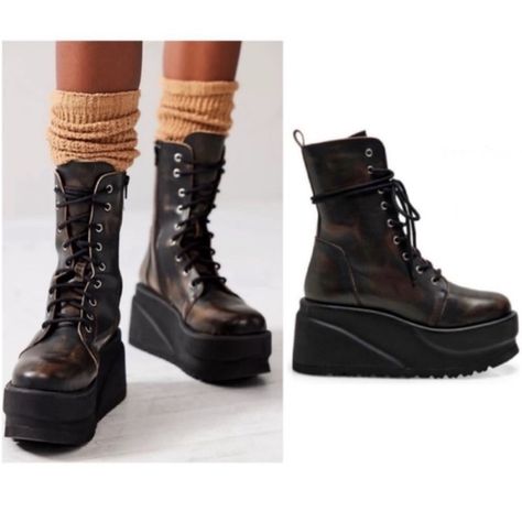 Free People Nella Platform Lace Up Boot Nib Size 9us / 39eu In Espresso (Distressed Black & Brown) New To Poshmark? Use Code @Libzee2018 When You Sign Up & Receive $10 In Posh Credit. This Colorway Is A True Black With Brown Undertones. Distressed Leather Brings Vintage Vibes To A Utility Style Boot Lifted By A Chunky Platform For An Edgy Dose Of Punk-Infused Glam. Runs True To Size. Lace-Up Style Side Zip Closure Cushioned Padded Insole Leather Upper And Lining/Rubber Sole Made In Spain Combat Grail Knight, Free People Sandals, Platform Heels Boots, Leather Boots Heels, Utility Style, Platform Heels Chunky, Combat Boot, Free People Shoes, Chunky Platform