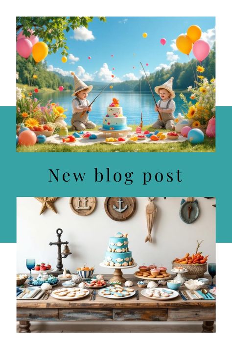 Children fishing by a lake at a colorful outdoor party; nautical-themed dessert table indoors. Fishing Party Games, Fishing 1st Birthday Party, Nautical Color Palette, 1st Birthday Party Decor, Party Decor Diy, Nautical Decorations, Ideas For Food, Baby's 1st Birthday, Rainbow Trout Fishing