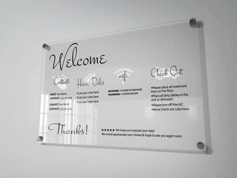 "ArrovaHome AirBnb Guest Arrival Welcome Sign, AirBnb  House Rules, Guest Welcome Book, Sort Term Rental Welcome Sign, Beach House Guide, AirBnb Hosts  You can contact via etsy messages for your special size, bluk orders over 5 Your custom Acrylic Sign can be made in any size, and we also have discounts for orders over 5. 📌A draft will be sent for your approval within 6 hours after your order. The production process starts after your approval. You can cancel the order at the draft stage. Custom Guest House Airbnb, Cabin Airbnb Ideas, Airbnb Host Tips Welcome Baskets, Airbnb Theme Ideas, Airbnb Living Room Ideas, Airbnb Bathroom Ideas, Airbnb Design Ideas, Unique Airbnb Ideas, Ideas For Airbnb