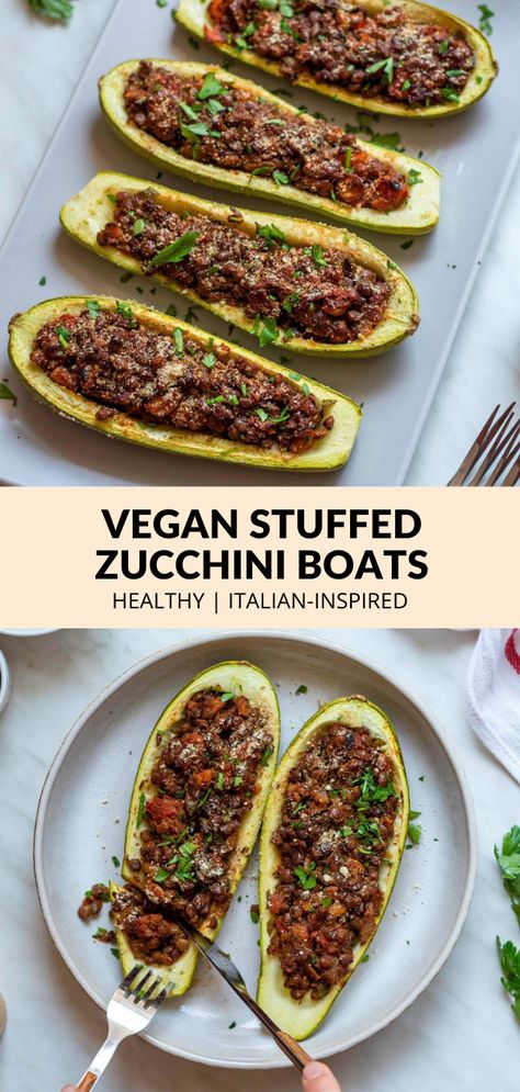 Vegan zucchini boats are an easy summer dinner that the whole family will enjoy! These healthy boats are stuffed with lentils, tomatoes, and fresh herbs, and topped off with a sprinkle of vegan parmesan! Vegan Stuffed Zucchini Recipes, Lentil Stuffed Zucchini Boats, Vegan Stuffed Zucchini, Stuffed Zucchini Boats Vegan, Vegan Stuffed Zucchini Boats, Vegan Zucchini Boats Recipes, Zucchini Boats Vegan, Vegan Zucchini Recipes Dinners, Whole Food Plant Based Zucchini Recipes