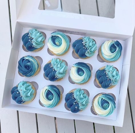 Sailor Cupcakes, Beachy Cupcake Ideas, Wave Cupcakes Ocean, Aqua Cupcakes, Blue Cupcakes Decoration, Waves Cupcakes, Simple Blue Cupcakes, Wave Cupcakes, Blue Frosted Cupcakes