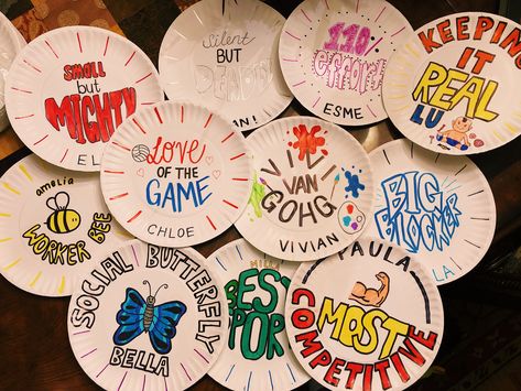 Paper Plate Awards Soccer, Paper Plate Awards Swimming, Cheer Paper Plate Awards, Volleyball Paper Plate Awards, Paper Plate Awards Ideas Funny, Volleyball Awards Ideas, Plate Awards Ideas, Paper Plate Awards For Sports, Paper Plate Award Ideas