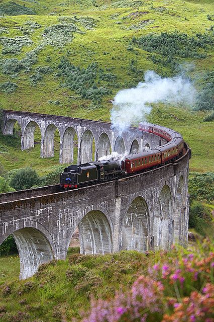 Glenfinnan Viaduct in Scotland.  This is where  the train scene from Harry Potter was filmed. Glenfinnan Viaduct, Steam Train, England And Scotland, Scotland Travel, A Bridge, Train Travel, Places Around The World, A Train, Dream Vacations