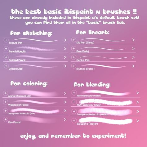 some of my favorite ibispaint x basic brushes. make sure to experiment with brush size/opacity and the stabilizer :) How To Make Ibispaint Brush, Lineart Tips Digital Ibis, Ibispaint Brushes Coloring, Brush For Sketch Ibispaint, Best Ibispaint Brushes, Semi Realism Brush Ibis, How To Lineart Ibispaint, Ibis Paint Brushes For Lineart, Smooth Ibispaint Brush