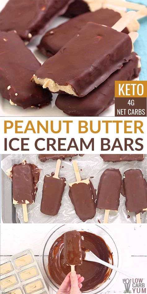 These sugar free low carb chocolate dipped peanut butter ice cream bars are so easy to make. Just whip up peanut butter cream, pour in molds, freeze, and dip! Chocolate Peanut Butter Ice Cream, Butter Ice Cream, Ice Cream Bars, Low Carb Ice Cream, Postre Keto, Peanut Butter Ice Cream, Low Carb Snack, Keto Ice Cream, Low Carb Treats