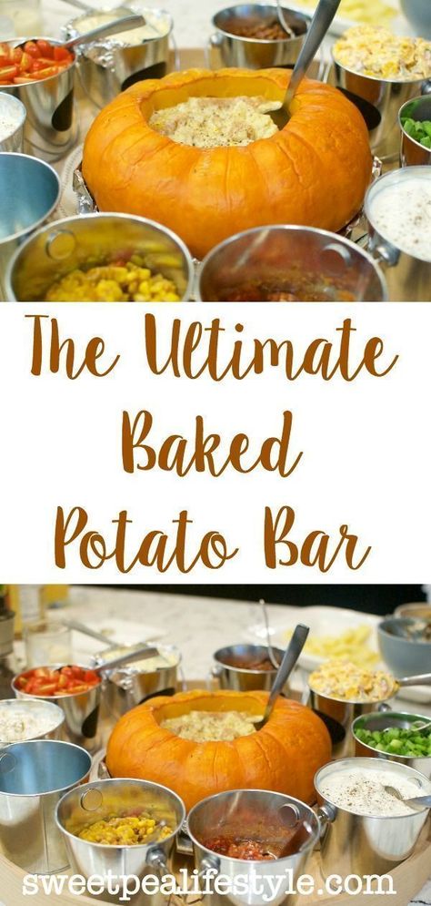 The Ultimate Baked Potato Bar is the perfect fall family dinner party! Baked potato topping ideas and an easy free printable to help you along the way! Potato Bar Party, Baked Potato Bar Toppings, Potato Bar Toppings, Pumpkin Fondue, Thanksgiving Potatoes, Baked Potato Toppings, Baked Potato Bar, Family Dinner Party, Potato Bar