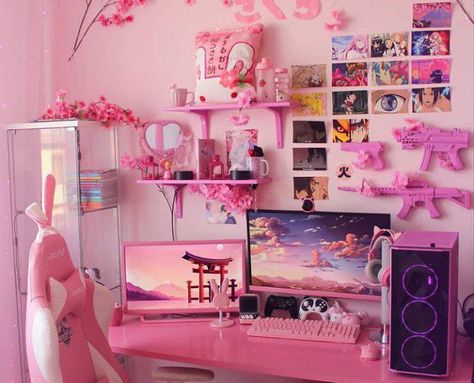 Setup Rosa, Gamers Aesthetic, Gamer Room Design, Aesthetic Gaming, Aesthetic Game, Kawaii Room Ideas, Gaming Aesthetic, Room Gaming, Kawaii Bedroom