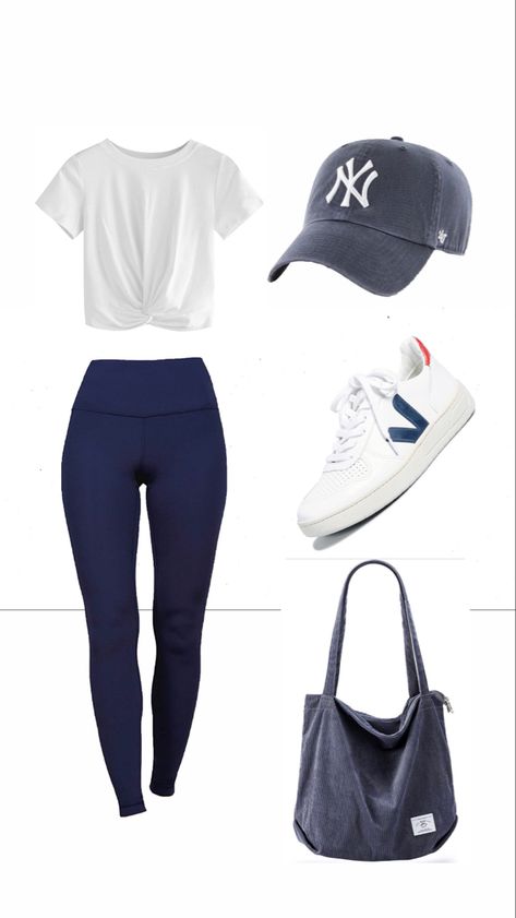 Yankee hat, navy leggings, white crop tshirt, navy blue corduroy bag, veja sneakers Navy Blue Leggings Outfit, Blue Tshirt Outfit, Gym Leggings Outfit, Blue Leggings Outfit, Leggings Casual Outfit, Dark Blue Leggings, Workout Leggings Outfit, Blue And White Outfits, Running Errands Outfit