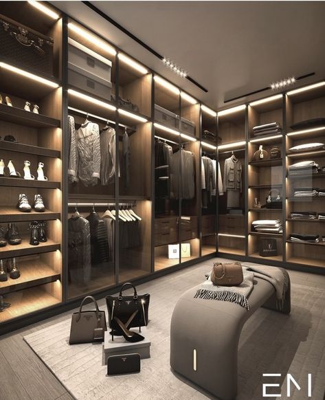 Modern Walking Closet, Dark Dressing Room, Big Walking Closet Luxury Modern, Walk In Closet Dark Aesthetic, Walk In Closet Ideas Dark Wood, Big Closet Luxury Black, Dream House Closet, Poliform Walk In Closet, House Closet