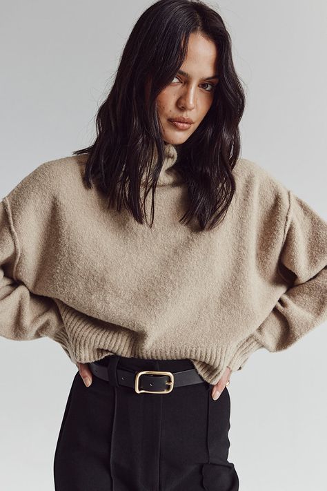 Oat wool fabrication Long sleeve cropped jumper High neckline Thick rib detailing Please see studio image for most accurate colour Beige Jumper Outfit, Roll Neck Jumper Outfit, Jumper Outfit Women, High Turtleneck, Winter Jumpers, Jumper Outfit, Product Shoot, Teacher Outfit, Linen Midi Dress