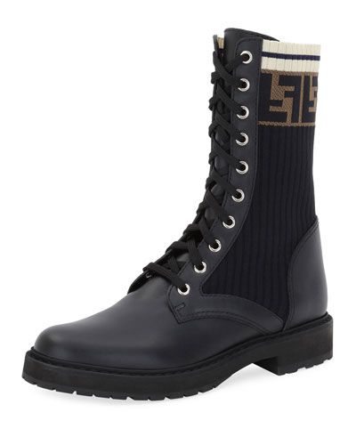 X4332 Fendi Leather Combat Boot with FF Cuff Combat Boots With Socks, Fendi Boots, Booties Outfit, Shoe Bags, Combat Boot, Beautiful Boots, Shoes With Jeans, Cool Boots, Designer Boots