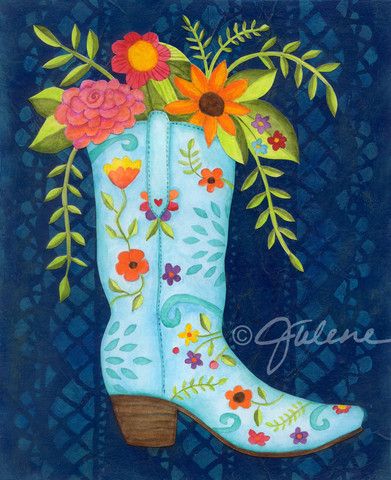 Cowgirl Boots print - Julene Ewert Fancy Cowgirl Boots, Fancy Cowgirl, Hispanic Heritage Month Crafts, Bouquet Of Wildflowers, Whimsical Art Paintings, Western Paintings, Cowgirl Art, Cowgirl Boot, Boot Print