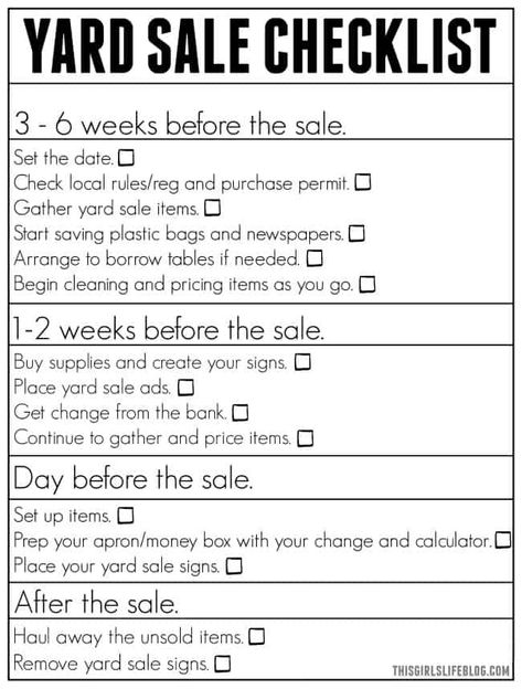 Print this yard sale checklist to keep yourself organized while planning your next yard sale. How To Have A Successful Yard Sale, Yard Sale Printables, Yard Sale Pricing Guide, Yard Sale Hacks, Yard Sale Organization, Garage Sale Organization, Garage Sale Tips, Yard Sale Signs, Yard Sale Pricing