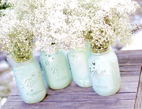 Robin Egg Blue Wedding, Shabby Chic Wedding Decor, Painting Glass Jars, Robin Egg Blue, Blue Mason Jars, Painted Mason Jars, Shabby Chic Wedding, Robins Egg Blue, Robins