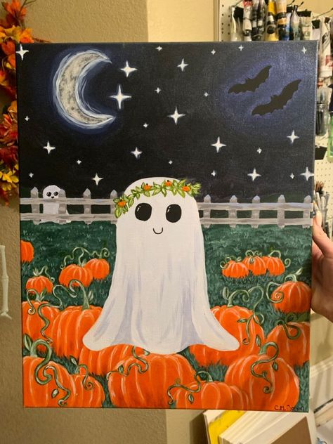 Halloween Canvas Paintings, Halloween Canvas Art, Carte Halloween, Paint Nite, Simple Canvas Paintings, Cute Canvas Paintings, Easy Canvas Art, Easy Canvas Painting, Canvas Painting Designs