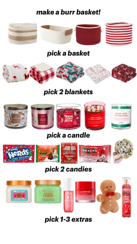 Christmas Gift Basket Ideas For Best Friend, Things To Make Your Friends For Christmas, Cute Christmas Baskets For Best Friend, Christmas Basket Ideas For Best Friend, Christmas Gift Ideas For Secret Santa, Diy Gift Basket Ideas For Christmas, Gift Baskets Christmas Ideas, Teen Christmas Basket Ideas, Xmas Eve Box Ideas For Adults