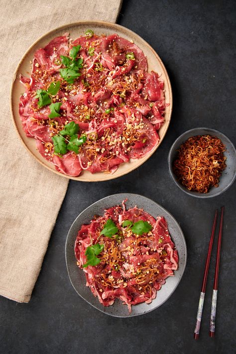 carpaccio - asian style - glebe kitchen Beef Tataki, Beef Carpaccio, Asian Beef, Steak Tartare, Fried Shallots, Truffle Oil, Asian Inspired, Creamy Sauce, Sesame Oil