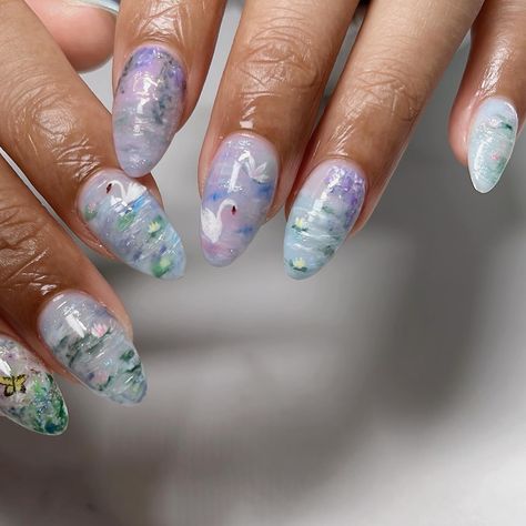 🦢 Monet lily garden 🪷 Intricate Janet’s Omakase on short Almond Gel-x ib @oaklestudio #naildesign #paintednails #nailart #gardennails #nailinspo #gelxnails #gelxinspo #monetnails #texturednails #naturenails #summernails #nails2inspire #nailstagram Claude Monet Nails, Monet Nails, Watercolor Nails, Nail Store, Lily Garden, Short Almond, Claude Monet, Nail Inspo, Summer Nails