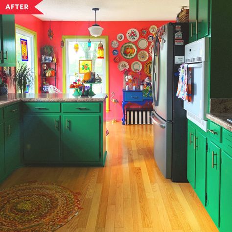 Most kitchen renovations are expensive because full-on kitchen redos involve plumbing, wiring, tiling, and more. But you don’t have to shell out major cash to make a major impact. For this kitchen redo, the homeowner relied on a tried-and-true standby: paint. Green Mosaic Tile, Coral Kitchen, Kitchen Flooring Ideas, Bold Kitchen, Coral Walls, White Backsplash, Old Cabinets, Green Cabinets, Morning Friends