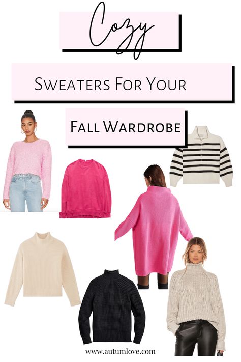 Pinterest graphic featuring a collection of cute and cozy sweaters for fall Cute Fall Sweaters, Sweaters For Fall, Magenta Sweater, Cute Sweaters For Fall, Cozy Sweaters Autumn, Triangle Body Shape, Pear Body, Smaller Hips, Pear Body Shape