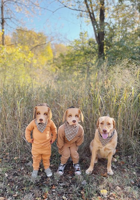 Family Halloween Costume With Two Dogs, Matching Dog Halloween Costumes, Family Halloween Costumes With Dog Pets, Diy Puppy Costume, Kids Dog Costume, Yellow Lab Halloween Costume, Diy Puppy Costume For Kids, Diy Dog Costume For Kids, Dog And Kid Halloween Costumes