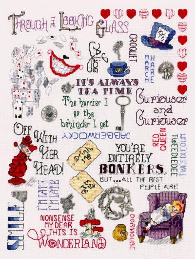 "Wonderland" counted cross-stitch pattern by X's and Oh's (#F-145). Alice In Wonderland Cross Stitch, Braid Stitch, Stoney Creek, Halloween Cross Stitches, Red Queen, Adventures In Wonderland, I Am A Queen, Dmc Floss, Cross Stitch Chart