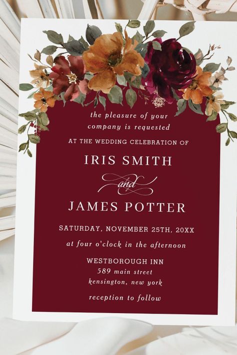 Rustic Burgundy Burnt Orange Floral Arch Wedding Invitation Burgundy And Burnt Orange Wedding, Burnt Orange And Burgundy Wedding, Arch Wedding Invitation, Floral Arch Wedding, Burnt Orange Weddings, Arch Wedding, Four O Clock, Wedding Invitations Boho, Orange Wedding