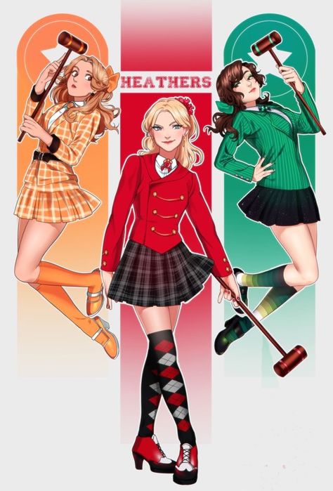 heather, feather, and pleather(chandler. mcnamara, duke) Heathers Fan Art, Heather Duke, Heathers Movie, Dik Dik, Heather Chandler, Kostuum Halloween, Veronica Sawyer, Heathers The Musical, Theatre Nerds