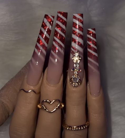 Candy Cane Almond Nails, December Acrylic Nails, Candy Cane Christmas Nails, Junk Nails, Nail Goals, Candy Cane Nails, December Nails, Skin Nails, Crazy Makeup