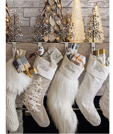 Home Furniture, Home Decor & Outdoor Furniture | Pottery Barn White Christmas Stockings, Pottery Barn Christmas, Holiday Lookbook, White Christmas Ornaments, Holiday Mantel, Personalized Stockings, Christmas Style, Boho Christmas, Christmas Mantels